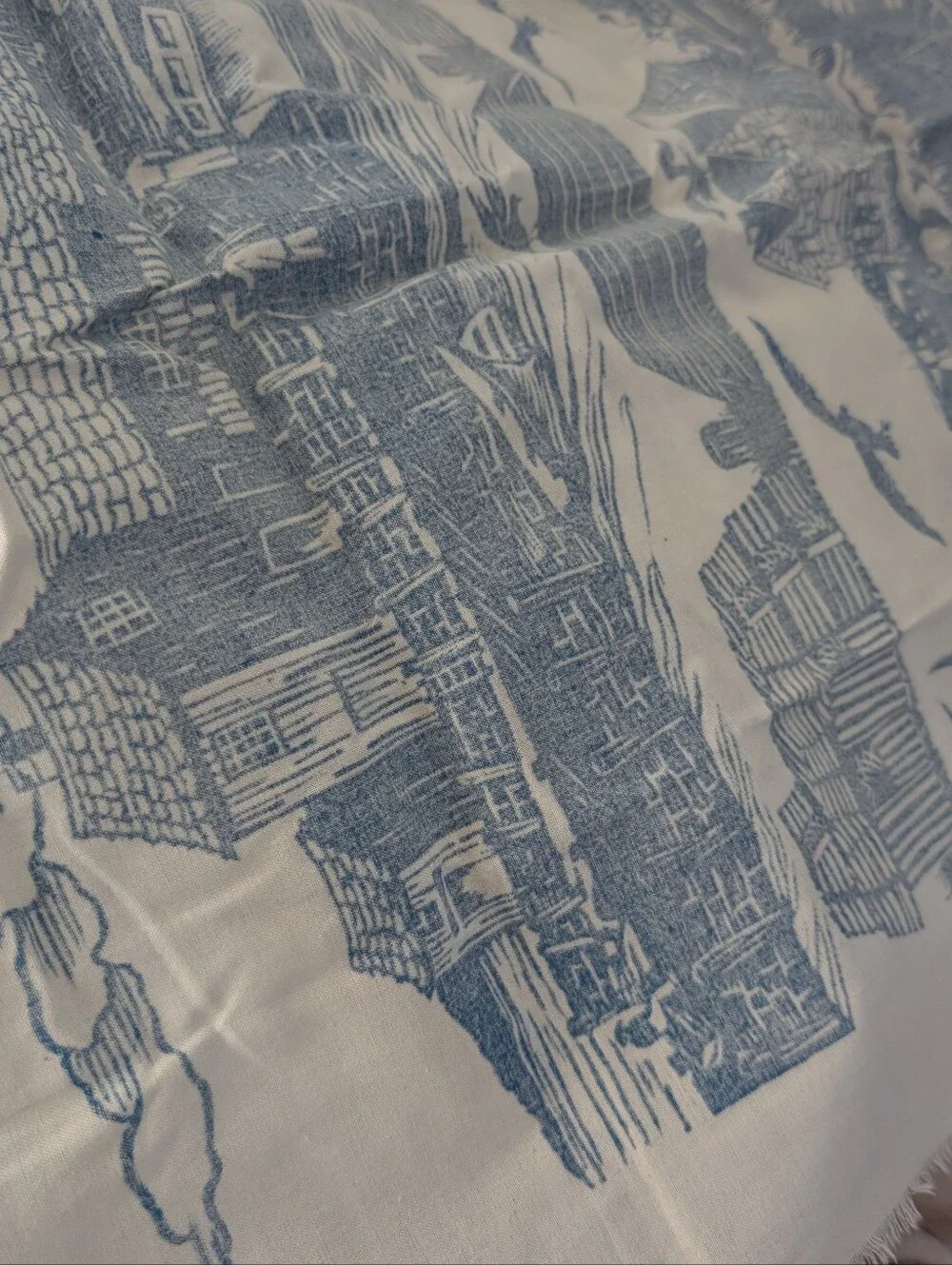 Vintage Blue Coastal Linen Tea Towel / Wall Hanging – Nautical Harbor Scene 40